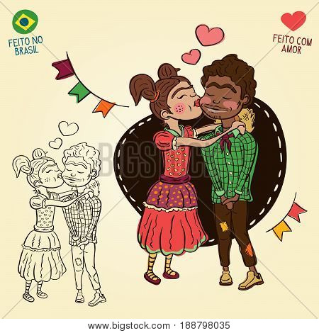 Young peasants in love - Brazilian june party style - Made in Brazil - Made with love - Creative vector cartoon characters for june party themes