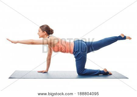 Woman doing Hatha yoga asana isolated on white background