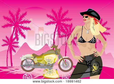 immagine vettoriale di bikergirl con cappello da cowboy nero
