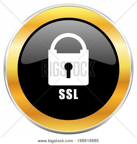 Csl black web icon with golden border isolated on white background. Round glossy button.