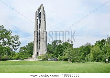 NAPERVILLE, ILLINOIS - MAY 26, 2017: Moser Tower and Millennium Carillon. Regular concerts are held featuring both local and guest carillonneurs from around the world.