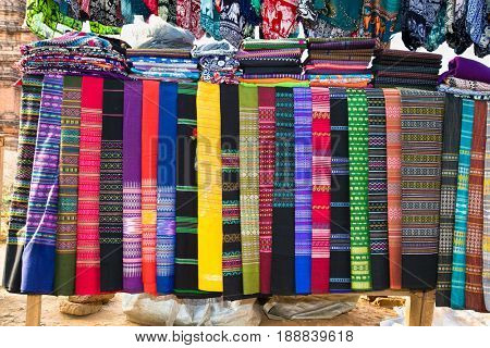 Colorful Burmeese fabric in market at Bagan, Myanmar. (Burma)