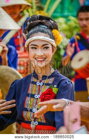 NAKORN PHANOM THAILAND - FEBRUARY 14 2015: Thai northeastern dance in Phutai world event day in Renunakorn of Nakorn Phanom Thailand