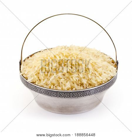 steamed rice in rare silver pial isolated on white background
