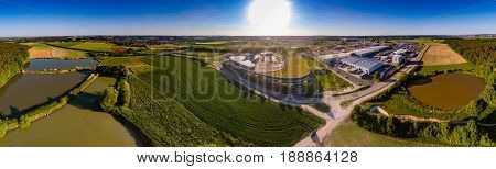 Aerial Panoramic View Of Landscape With Fish Ponds Near Of Herzogenaurach In Bavaria