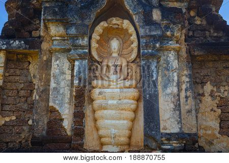 Sukhothai, Thailand - January 17 2017: Wat Chedi Jet Thaew In The Precinct Of Si Satchanalai Histori