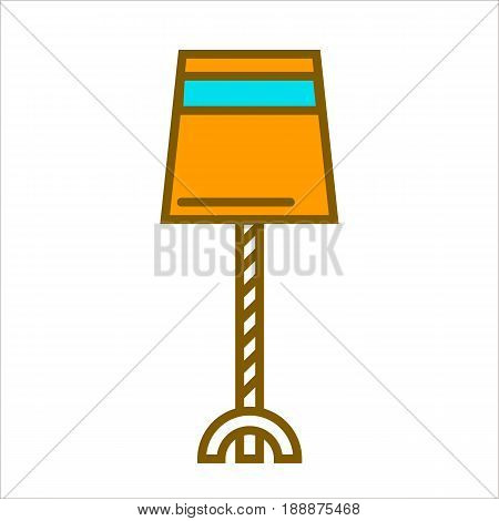 Table straight lamp with cover in triangular shape with cut top on white. Closeup vector illustration in flat design of isolated yellow lighting equipment on thin leg working by using electricity