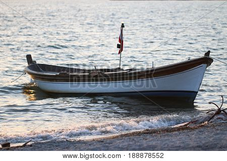 Salt lake Bafa with fishermen boat. Mugla - İzmir.