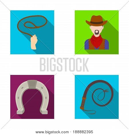 Hand lasso, cowboy, horseshoe, whip. Rodeo set collection icons in flat style vector symbol stock illustration .