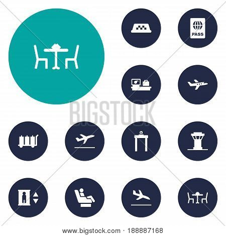 Set Of 12 Aircraft Icons Set.Collection Of Metal Detector, Letdown, Air Traffic Controller And Other Elements.
