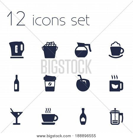 Set Of 12 Beverages Icons Set.Collection Of Electric Teapot, Hotdrink, Cream And Other Elements.