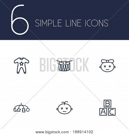 Set Of 6 Child Outline Icons Set.Collection Of Baby, Drum, Boy And Other Elements.