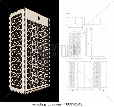 Cut out template for two bottles Wine gift slider Box or Wine  Glass Box (plywood 3 mm). Creative memory bottle pack with geometric design. Scheme is suitable for a laser cutting or printing