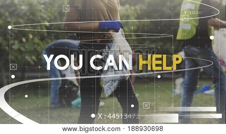 You can help text on people cleaning trash