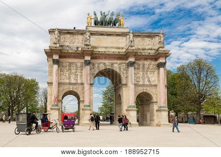 Paris, France, March 31 2017: The Arc de Triomphe du Carrousel is a triumphal arch in Paris, located in the Place du Carrousel