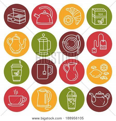 Tea icons. Outline web icon set. Kitchen appliances and various kinds of kettles. French press, electric kettle, milk jug, tea mug, tea box, tea bag, lemon, croissant and donut. Vector Illustration.