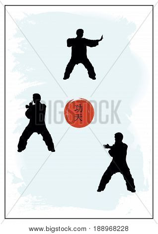 A group of men showing Kung Fu and a hieroglyph on a red background.