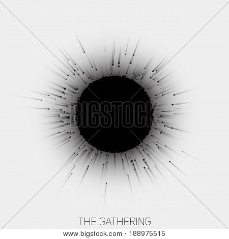 Gathering of point with trails to central object. Nuclear reaction vector illustration. Abstract black and white concept of collaboration. Magnetic attraction of objects to central formation.