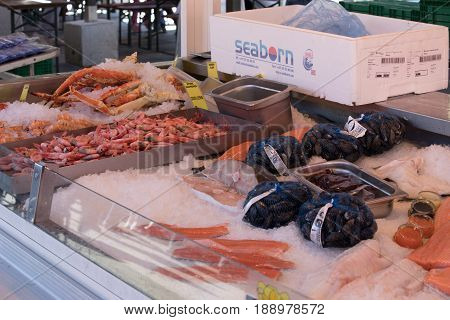 Bergen Market Square, Norway - May 27, 2017: Grocery Stores That Sell Their Goods To Tourists A Nice