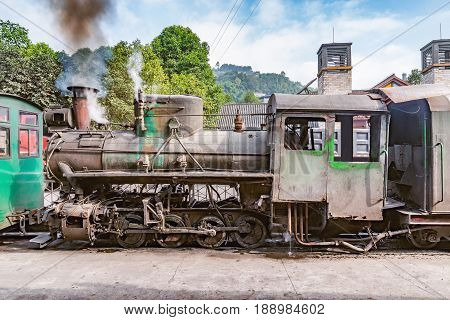 Steam narrow-gauge train before departure from Yuejin to Bagou. Jiayang Mining Region. Sichuan province. China.