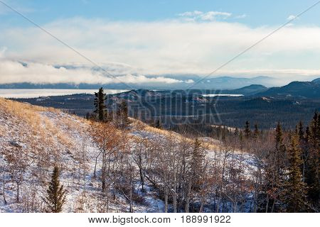 Fall Snow At Lake Laberge Landscape Yukon Canada