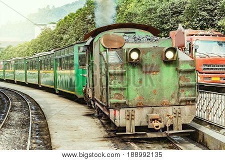 Steam narrow-gauge train before departure from Yuejin to Bagou. Jiayang Mining Region. Sichuan province. China.