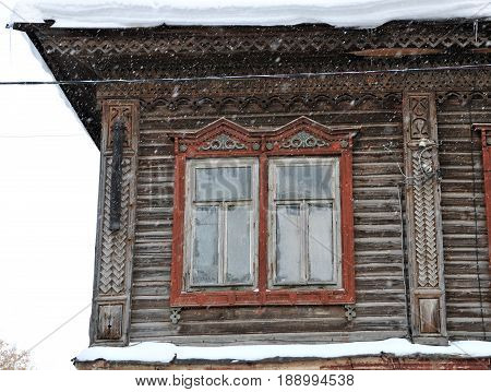 Kazan, Tatarstan, Russia - February 1, 2017. An old wooden house.  Volkov Street.