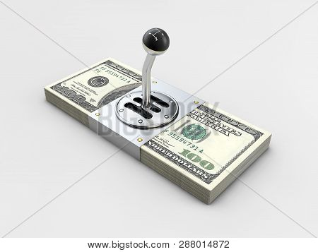 Gearshift On Stack Of Money Isolated On Gray Background. 3d Illustration