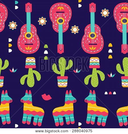 Cinco De Mayo Seamless Pattern For Festival In Mexico, Flat Style. T-shirt Print Of Traditional Mexi