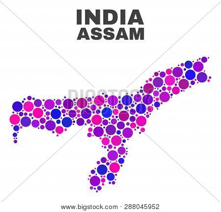 Mosaic Assam State Map Isolated On A White Background. Vector Geographic Abstraction In Pink And Vio