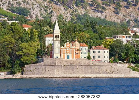 Beautiful Summer Mediterranean Landscape. Montenegro, Adriatic Sea, Bay Of Kotor. View Of Church Of 