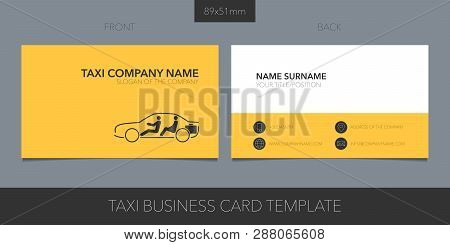 Taxi, Cab Vector Business Card With Logo, Icon And Contact Details. Car Hire Card With Taxi Image An