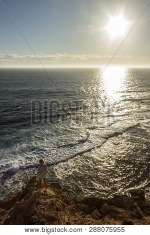 Jung Women Standing On Cliffs Near Port Lincon At Sunset, South Australia