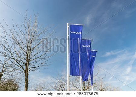 Roncq,france-february 20,2019:view Of The Volvo Brand Logo On The Flags.volvo Car Corporation Is A S