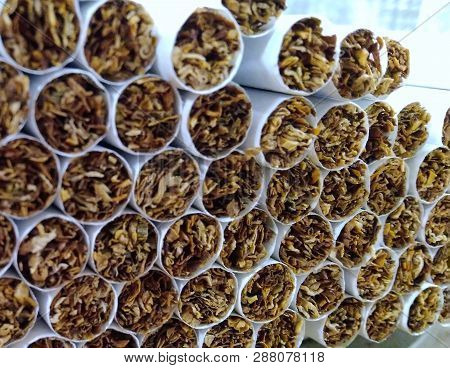 Close-up Of Tobacco Cigarettes Background Or Texture