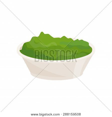 Flat Vector Icon Of Bowl With Spirulina Or Chlorella Powder. Healthy Green Mask Made Of Seaweed