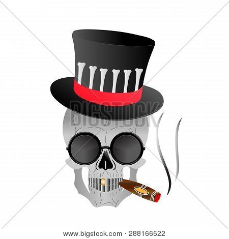 Skull In Glasses And Top-hat Smokes Cigar. 
Vector Illustration.