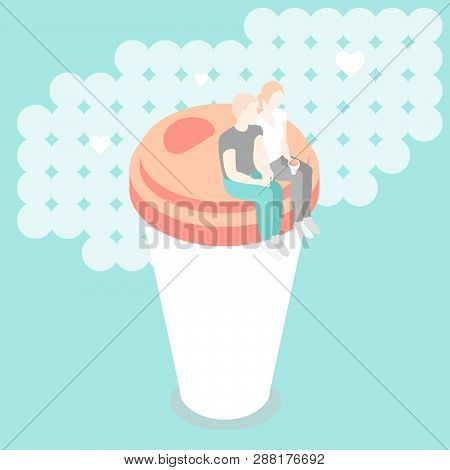 Young Man And Woman Drinking Coffee Together Set On A Coffee Cup - Vector. Flat Illustration