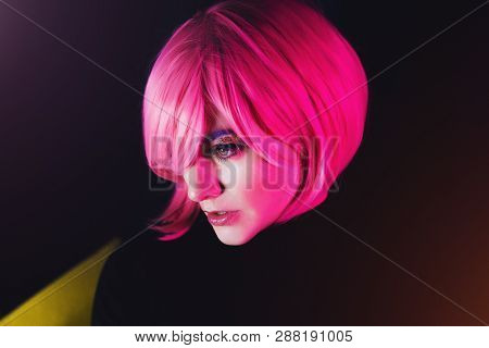 Fashion Sexy Woman Pink Hair. Pink Light. Life Style. Retro Wave Neon Noir Lights Color Toningt