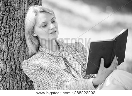 Girl Lean On Tree While Relax In Park Sit Grass. Self Improvement Book. Self Improvement And Educati
