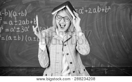 Keep In Memory. Improve Memory Skill. Woman Teacher With Book As Roof On Head. Memorizing Method. Tr