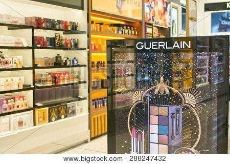 DUBAI, UAE - CIRCA FEBRUARY, 2019: perfumes on display in Duty Free at Dubai International Airport.
