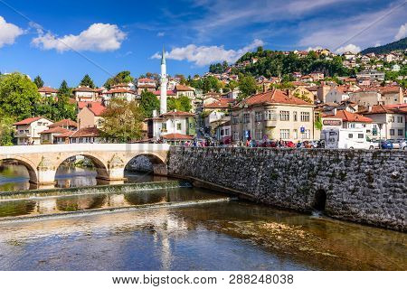 Sarajevo City, Bosnia And Herzegovina - September 10, 2018: View Of The Historic Centre Of Sarajevo,