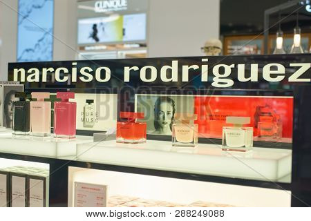 DUBAI, UAE - CIRCA FEBRUARY, 2019: perfumes on display in Duty Free at Dubai International Airport.
