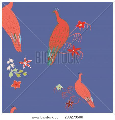 Coral Peacocks Cute Hand Drawn Seamless Vector Pattern With Doodle Style Flowers. Sketch Textile, Wr