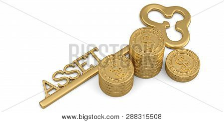 Golden Asset Key And Gold Coin Stacks Isolated On White Background. 3D Illustration.