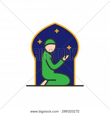 Muslims Praying At The Night In Mosque. Simple Monoline Icon Style For Muslim Ramadan And Eid Al Fit