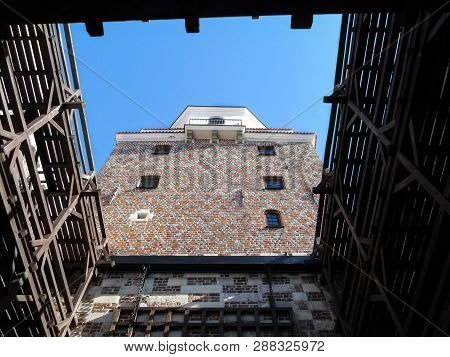 Poland, Lublin - October 13, 2018: Tower Of Krakow Gate In Lublin - Bottom View. Medieval Wall Of Th