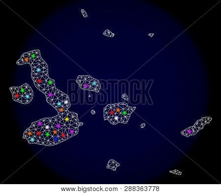 Mesh Vector Map Of Galapagos Islands With Glare Effect On A Dark Background. Abstract Lines, Triangl