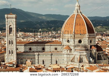 Great View On Duomo Cathedral Built In 14th Century In Florence, Tuscana, Italy. Historical Center O